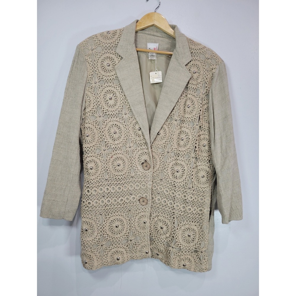 Linen-Cotton Crochet Front Blazer - Beige
